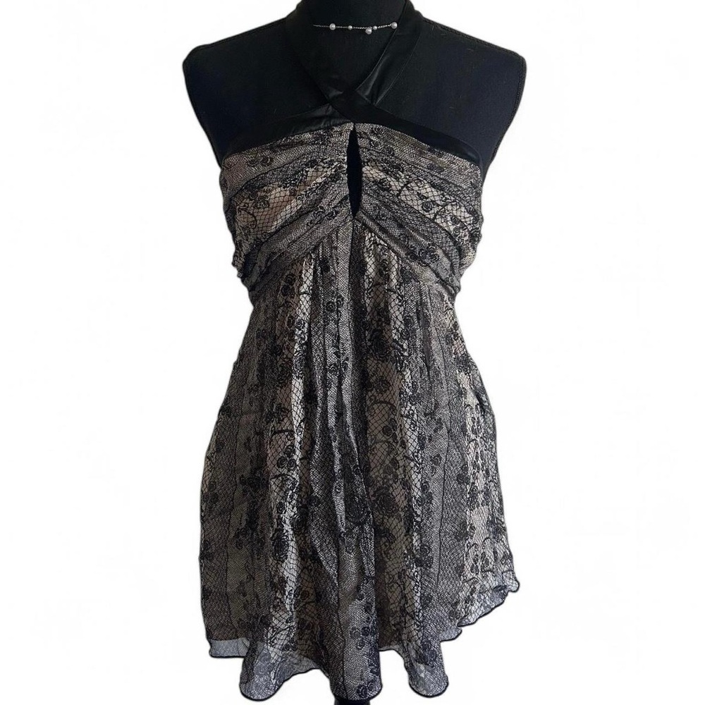 2006(?) Express Design Studio 100% Silk Black & Nude/Cream Rose Halter Top